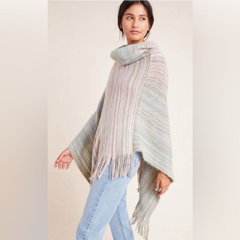 NWT Anthropologie Saturday Sunday “Vera” Feminine Cowl Neck Fringe Pastel Poncho